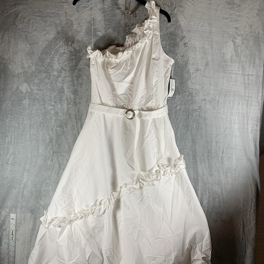 Taylor Women's Dress Midi One Shoulder White Ruffles Belted Cotton Lined 14 NWT